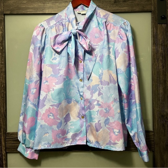 Vintage Anderson-Little Floral Paste Pink & Blue 70's Secretary Blouse with Bow - Picture 1 of 10